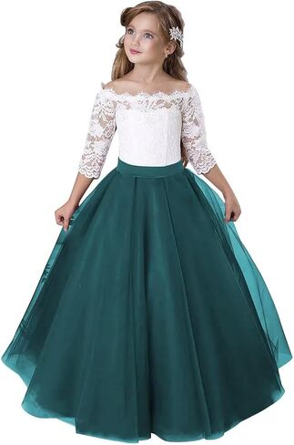 Girls Lace Tulle Princess Pageant Dress Long Sleeve Kids Flower Girl Dress for Wedding in Kuwait