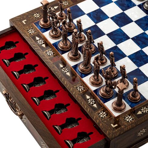 15’’ Handmade Chess Set with British Army Metal Chess Pieces, Luxury Storage Chess Board, for All Ages, Ideal for Father, (Blue) in Saudi Arabia