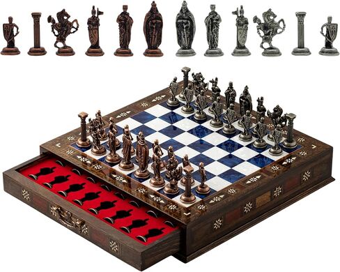 15’’ Handmade Chess Set with British Army Metal Chess Pieces, Luxury Storage Chess Board, for All Ages, Ideal for Father, (Blue) in Saudi Arabia