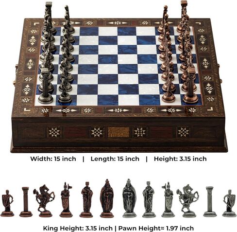 15’’ Handmade Chess Set with British Army Metal Chess Pieces, Luxury Storage Chess Board, for All Ages, Ideal for Father, (Blue) in Saudi Arabia
