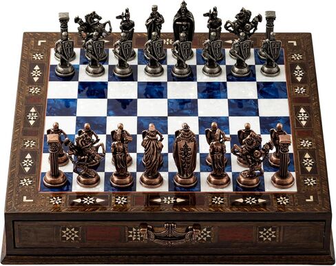 15’’ Handmade Chess Set with British Army Metal Chess Pieces, Luxury Storage Chess Board, for All Ages, Ideal for Father, (Blue) in Saudi Arabia