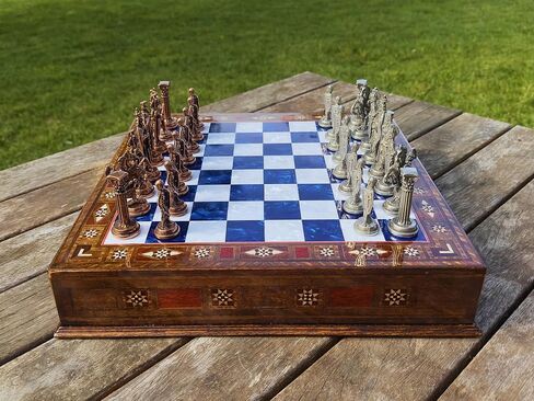 15’’ Handmade Chess Set with British Army Metal Chess Pieces, Luxury Storage Chess Board, for All Ages, Ideal for Father, (Blue) in Saudi Arabia