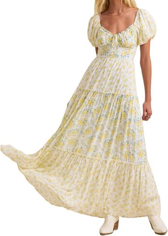 Women's Boho Floral Dress Lace Patchwork Maxi V Neck Puff Sleeve Backless Sundress Tiered Ruffle Hem Dresses in Saudi Arabia