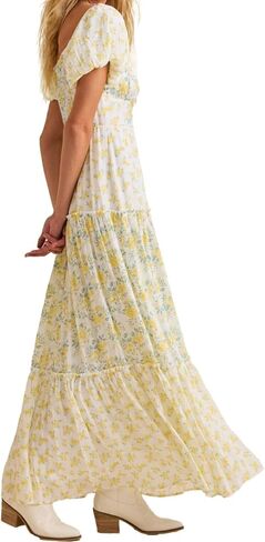 Women's Boho Floral Dress Lace Patchwork Maxi V Neck Puff Sleeve Backless Sundress Tiered Ruffle Hem Dresses in Saudi Arabia