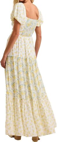 Women's Boho Floral Dress Lace Patchwork Maxi V Neck Puff Sleeve Backless Sundress Tiered Ruffle Hem Dresses in Saudi Arabia