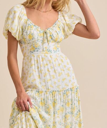 Women's Boho Floral Dress Lace Patchwork Maxi V Neck Puff Sleeve Backless Sundress Tiered Ruffle Hem Dresses in Saudi Arabia