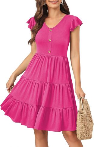 Lamilus Women's Casual Summer Dresses 2025 Ruffle Sleeves V-Neck Button Down Mini Dress Tiered Babydoll Swing Sundresses in Kuwait