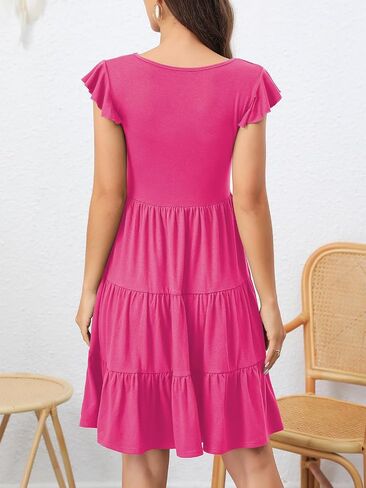 Lamilus Women's Casual Summer Dresses 2025 Ruffle Sleeves V-Neck Button Down Mini Dress Tiered Babydoll Swing Sundresses in Kuwait