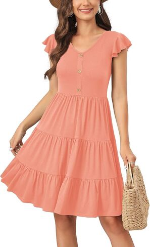 Lamilus Women's Casual Summer Dresses 2025 Ruffle Sleeves V-Neck Button Down Mini Dress Tiered Babydoll Swing Sundresses in Kuwait
