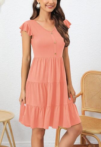 Lamilus Women's Casual Summer Dresses 2025 Ruffle Sleeves V-Neck Button Down Mini Dress Tiered Babydoll Swing Sundresses in Kuwait