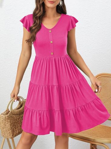 Lamilus Women's Casual Summer Dresses 2025 Ruffle Sleeves V-Neck Button Down Mini Dress Tiered Babydoll Swing Sundresses in Kuwait