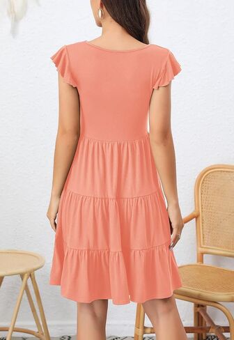Lamilus Women's Casual Summer Dresses 2025 Ruffle Sleeves V-Neck Button Down Mini Dress Tiered Babydoll Swing Sundresses in Kuwait
