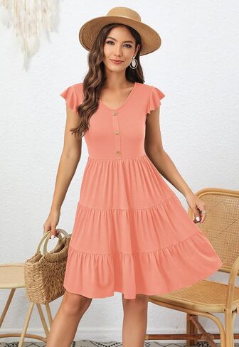 Lamilus Women's Casual Summer Dresses 2025 Ruffle Sleeves V-Neck Button Down Mini Dress Tiered Babydoll Swing Sundresses in Kuwait
