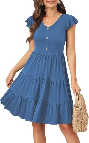 Lamilus Women's Casual Summer Dresses 2025 Ruffle Sleeves V-Neck Button Down Mini Dress Tiered Babydoll Swing Sundresses in Kuwait