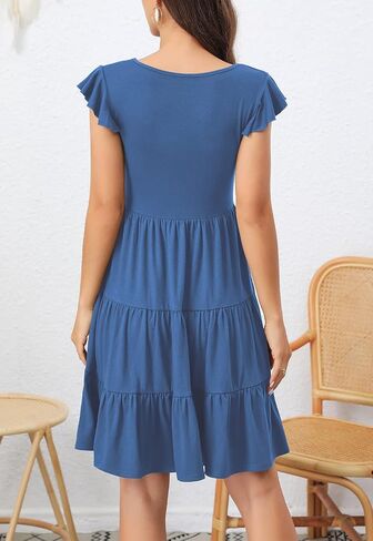 Lamilus Women's Casual Summer Dresses 2025 Ruffle Sleeves V-Neck Button Down Mini Dress Tiered Babydoll Swing Sundresses in Kuwait