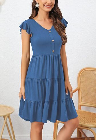 Lamilus Women's Casual Summer Dresses 2025 Ruffle Sleeves V-Neck Button Down Mini Dress Tiered Babydoll Swing Sundresses in Kuwait