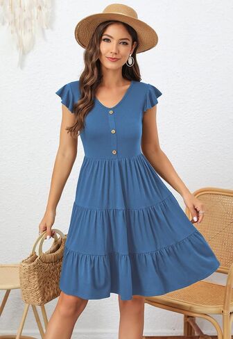 Lamilus Women's Casual Summer Dresses 2025 Ruffle Sleeves V-Neck Button Down Mini Dress Tiered Babydoll Swing Sundresses in Kuwait