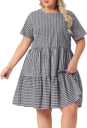 Agnes Orinda Plus Size Gingham Dresses 1950s Vintage Plaid Round Neck Short Sleeve Tiered Midi Summer Dress in Kuwait