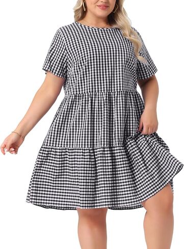 Agnes Orinda Plus Size Gingham Dresses 1950s Vintage Plaid Round Neck Short Sleeve Tiered Midi Summer Dress in Kuwait