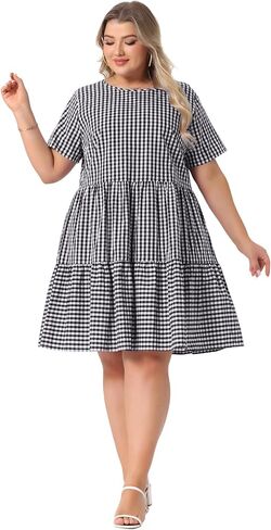 Agnes Orinda Plus Size Gingham Dresses 1950s Vintage Plaid Round Neck Short Sleeve Tiered Midi Summer Dress in Kuwait