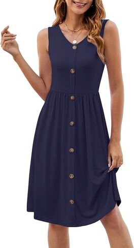 KUOTAI Womens Summer Dresses Sleeveless Casual Loose Swing Button Down Midi Dress V-Neck Flowy A-Line Sundress in Kuwait