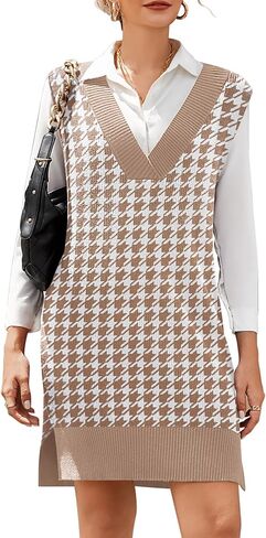 Zeagoo Women's V Neck Sweater Vest Dress Oversized Sleeveless Casual Pullover Sweater Fall Winter Knit Slit Short Dress in Saudi Arabia