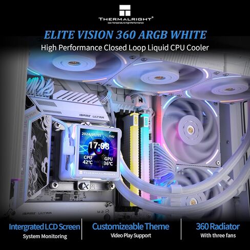 Thermalright Elite Vision 360 ARGB BLACK AIO CPU Liquid Cooler,IPS LCD Screen with 320*320 Resolution,for AM4/AM5/Intel LGA1700/1851,’2.73 inch’Magnet-Absorbent LCD Screen for Images,Black PC Cooling in Kuwait