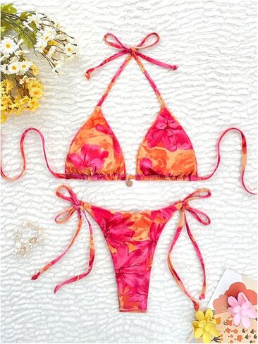 Gorglitter Women's High Cut Thong Bikini مجموعة الأزهار الرسن المثلث العلوي بدلة السباحة in Saudi Arabia