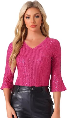 Allegra K Sequin Top for Women's 3/4 Bell Sleeve V Neck Metallic Sparkly Glitter Party Blouse in Saudi Arabia