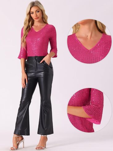 Allegra K Sequin Top for Women's 3/4 Bell Sleeve V Neck Metallic Sparkly Glitter Party Blouse in Saudi Arabia