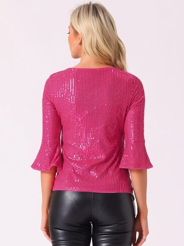 Allegra K Sequin Top for Women's 3/4 Bell Sleeve V Neck Metallic Sparkly Glitter Party Blouse in Saudi Arabia