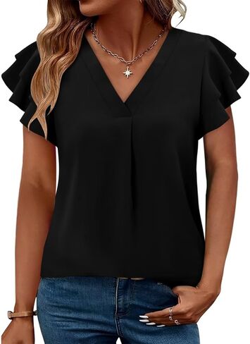 Magritta Womens Tops Dressy Casual Short Sleeve Pleated Tshirt 2025 Summer Loose Fitting Blouse Fashion V Neck Business Shirt in Kuwait