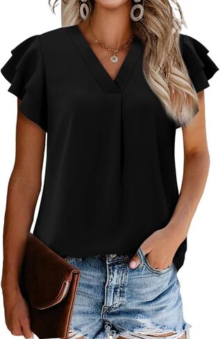 Magritta Womens Tops Dressy Casual Short Sleeve Pleated Tshirt 2025 Summer Loose Fitting Blouse Fashion V Neck Business Shirt in Kuwait