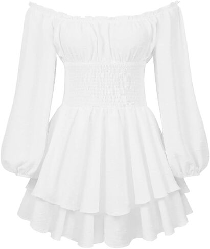 Aopwsrlyi Women's Off Shoulder Ruffle Dress Puff Long Sleeve White Romper Dress Flowy Layered A-Line Puffy Mini Dress in Kuwait