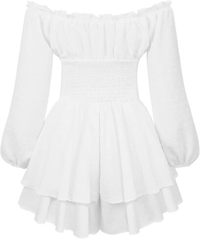 Aopwsrlyi Women's Off Shoulder Ruffle Dress Puff Long Sleeve White Romper Dress Flowy Layered A-Line Puffy Mini Dress in Kuwait