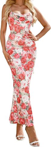 Women's 2025 Summer Sexy Print Maxi Dress Floral Square Neck Spaghetti Strap Bodycon Slip Long Dresses in Saudi Arabia