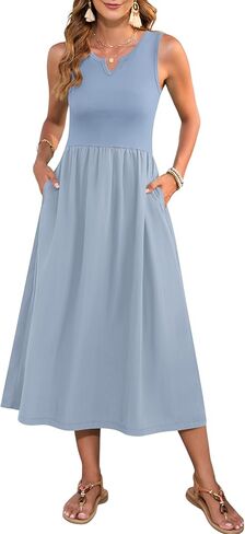 MOLERANI Women Summer Casual Sleeveless Midi Sundress 2025 Patchwork Knit V Neck Tank Flowy Beach Vacation Dress with Pockets in Kuwait