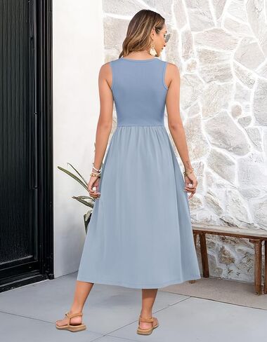 MOLERANI Women Summer Casual Sleeveless Midi Sundress 2025 Patchwork Knit V Neck Tank Flowy Beach Vacation Dress with Pockets in Kuwait