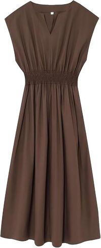 Sleeveless V Neck Midi Dress for Women Casual Summer Solid Smocked Waist A Line Flowy Dresses with Pockets in Kuwait