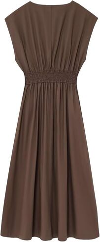 Sleeveless V Neck Midi Dress for Women Casual Summer Solid Smocked Waist A Line Flowy Dresses with Pockets in Kuwait