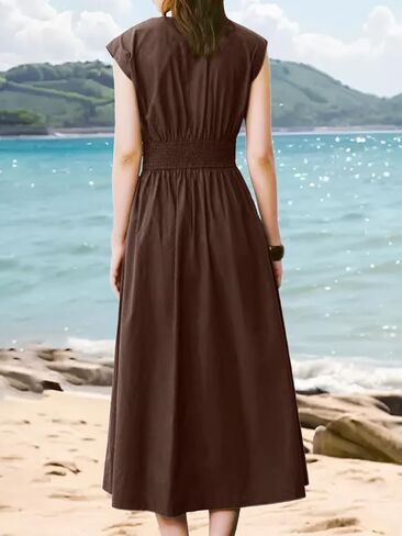Sleeveless V Neck Midi Dress for Women Casual Summer Solid Smocked Waist A Line Flowy Dresses with Pockets in Kuwait