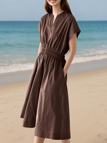 Sleeveless V Neck Midi Dress for Women Casual Summer Solid Smocked Waist A Line Flowy Dresses with Pockets in Kuwait