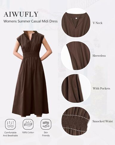Sleeveless V Neck Midi Dress for Women Casual Summer Solid Smocked Waist A Line Flowy Dresses with Pockets in Kuwait