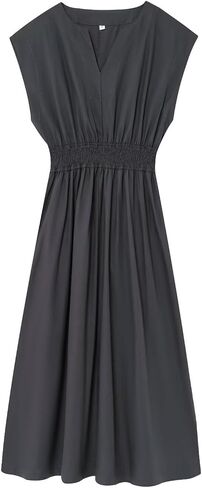 Sleeveless V Neck Midi Dress for Women Casual Summer Solid Smocked Waist A Line Flowy Dresses with Pockets in Kuwait