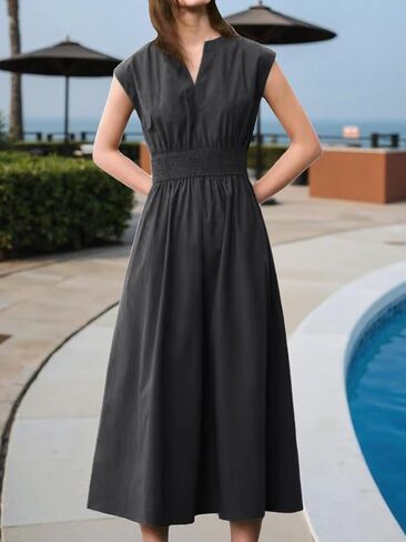 Sleeveless V Neck Midi Dress for Women Casual Summer Solid Smocked Waist A Line Flowy Dresses with Pockets in Kuwait