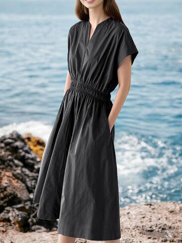 Sleeveless V Neck Midi Dress for Women Casual Summer Solid Smocked Waist A Line Flowy Dresses with Pockets in Kuwait