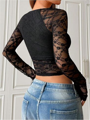 Women's Lace Sheer Mesh Ruched T Shirt Square Neck Long Sleeve Slim Fit Crop Tops in Saudi Arabia