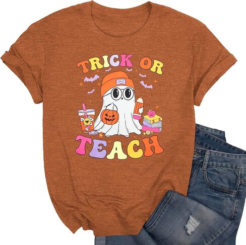 Teacher Halloween Shirts for Women: Halloween Trick or Teach Tshirt Cute Ghost Teacher Short Sleeve Tee Tops in Saudi Arabia