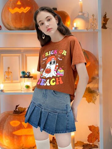 Teacher Halloween Shirts for Women: Halloween Trick or Teach Tshirt Cute Ghost Teacher Short Sleeve Tee Tops in Saudi Arabia