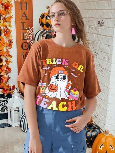 Teacher Halloween Shirts for Women: Halloween Trick or Teach Tshirt Cute Ghost Teacher Short Sleeve Tee Tops in Saudi Arabia